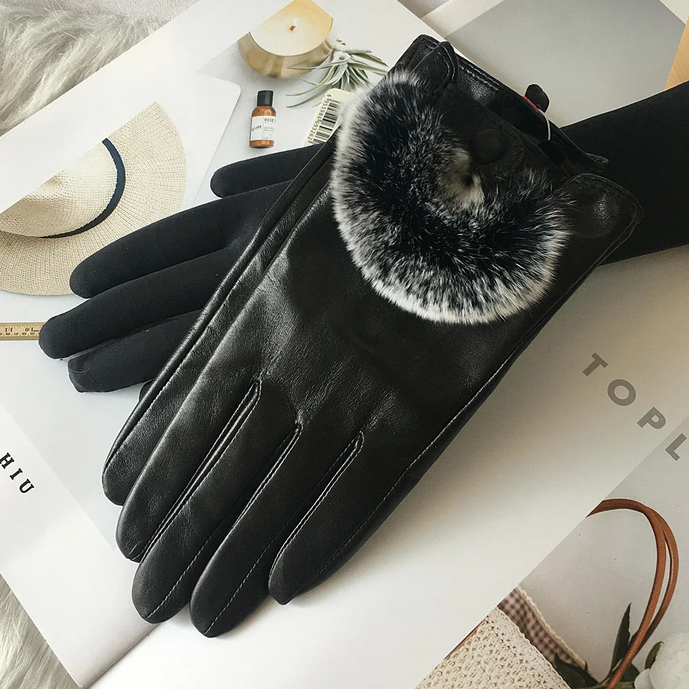 Winter Sheepskin Gloves Female Thin Plushed Lined Rabbit Hair Thermal Driving Real Leather Gloves Touchscreen Women L18809