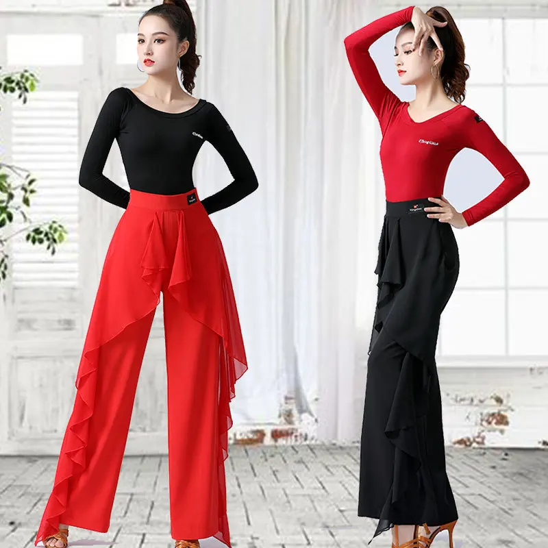 Latin Dance Pants Practice Ballroom Dance Wide-Leg Pants Modern Women's High Waist Ruffle Wide 5XL dance pants