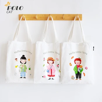 

Cute Girl Canvas Cloth Shopping Bag for Women Sports bag 2020 Lovely Printed Crossbody Girls Book Bag Totes White bolsas de tela