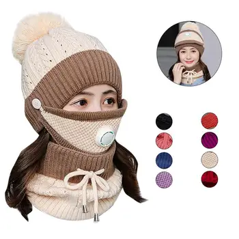 

5Sets/lot Women Hats Knitted Wool Scarf Hat Pompom Cap Set Warm Winter + Scarf + Mask Female Riding Bicycle Cap Outdoor Hat