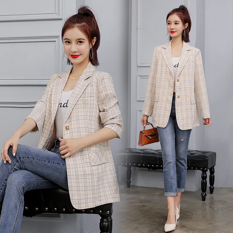

2019 Li Qin Star Celebrity Style Small Suit Women's Autumn New Style Hong Kong Style Commuting Thin Plaid Suit Jacket Women's