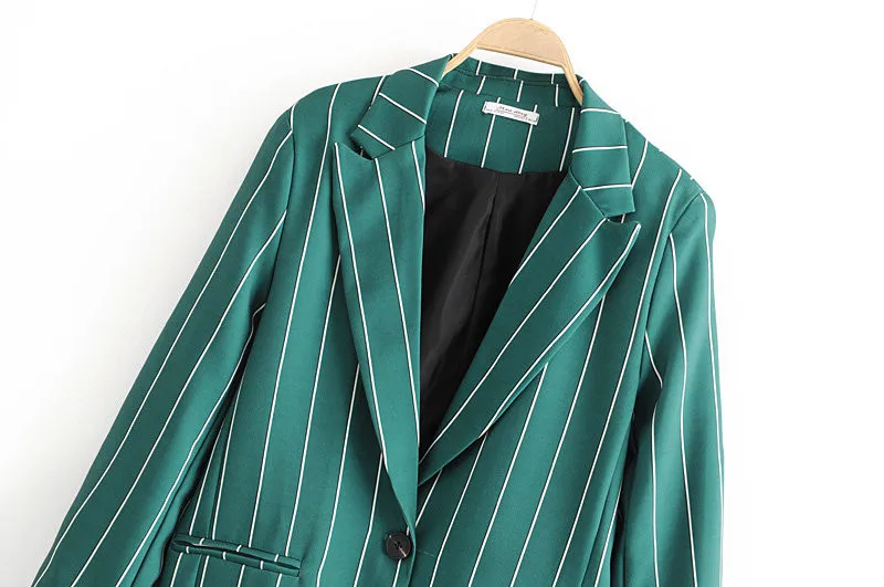 

2019 Europe And America Autumn New Style Versitile Fashion Long Sleeve Vertical Striped One-Button Suit Jacket Women's 0704668