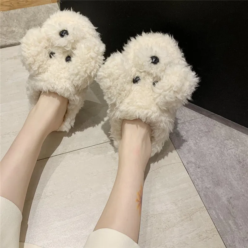 COOTELILI Woman Slippers Winter Shoes For Women New Fashion Dog Faux Fur 3cm Heel Women Shoes White Beige Plus Size 40 41