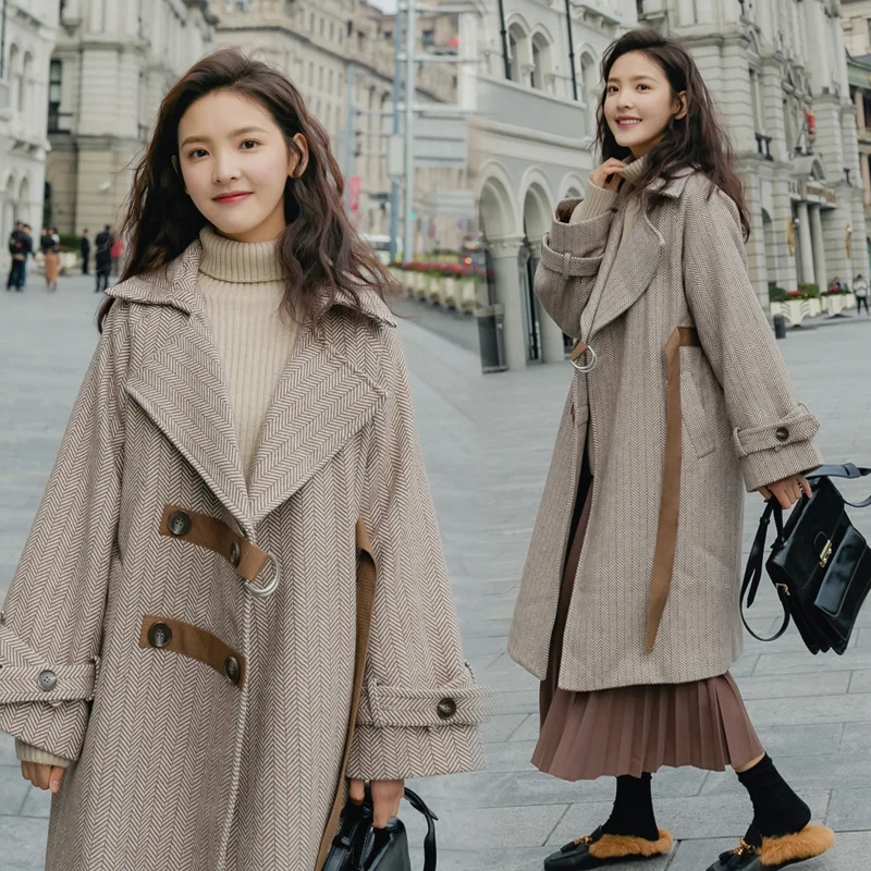Коллекция осень-зима, стиль, Южная Корея, Ulzzang, дизайнерское шерстяное пальто с пряжкой в елочку, женское длинное пальто