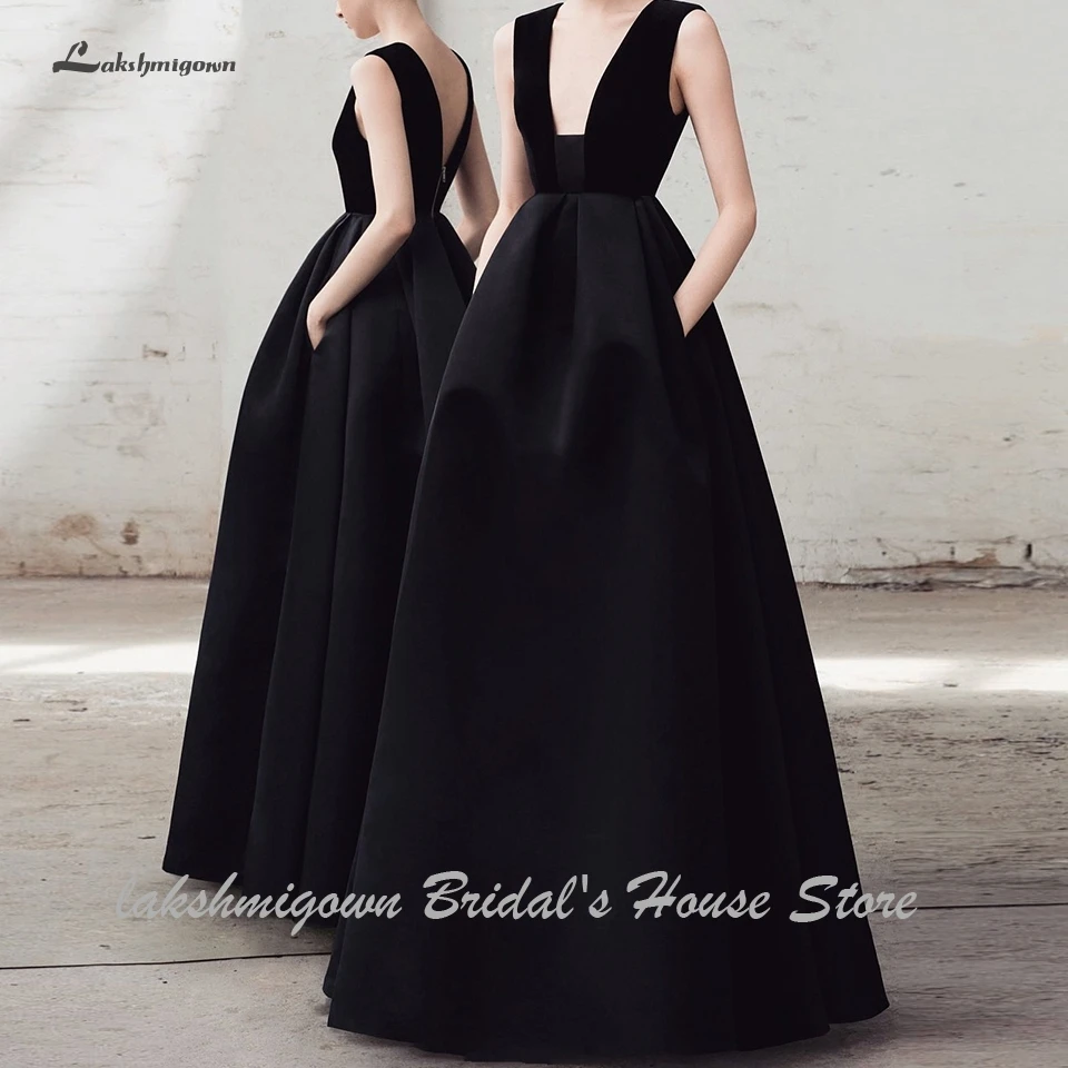 Сексуальное ТРАПЕЦИЕВИДНОЕ атласное черное свадебное платье Vestido Novia Элегантное свадебное платье свадебные праздничные платья с карманами v-образным вырезом без спинки