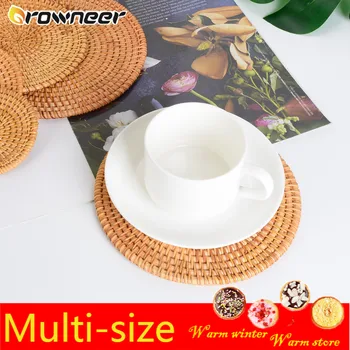 

Handmade Insulation Placemat Natural Rattan Woven Kitchen Pad Bowl Cup Pot Mat Round Multisize Heat Isolation Table Decoration