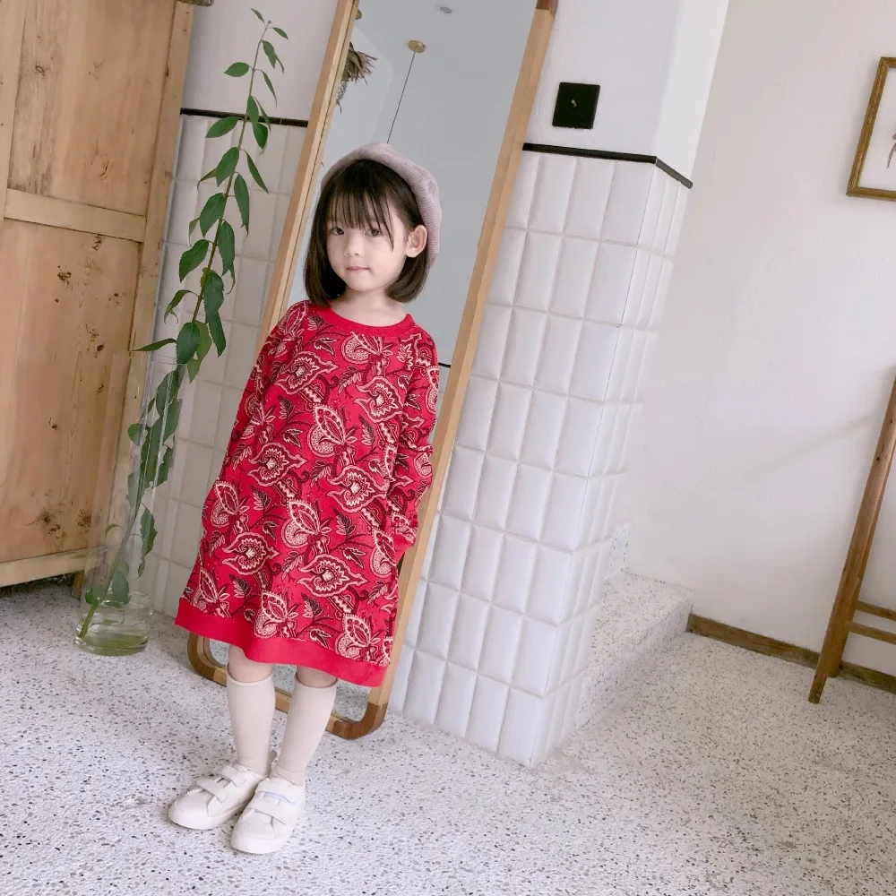 Girls long sleeve sweatshirt floral pattern cotton sweet red color girls sweatshirt dress
