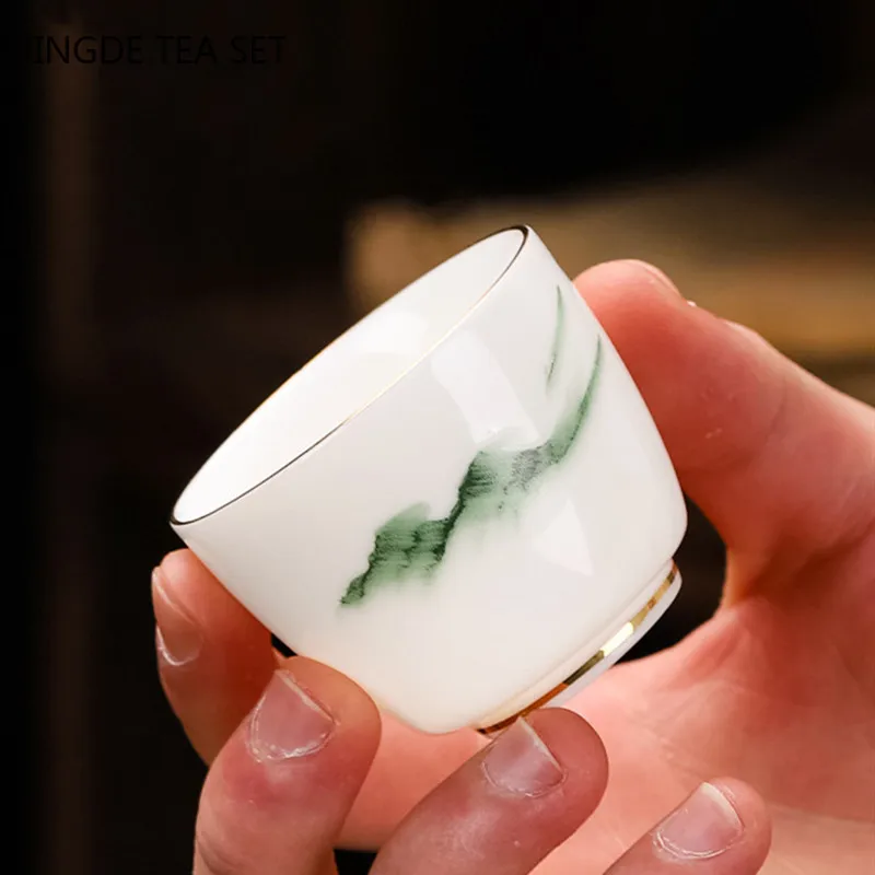 Chinese Suet Jade White Porcelain Teacup Exquisite Ceramic Coffee Cup Hand Painted Tea Bowl Household Tea Set Master Cup 70ml