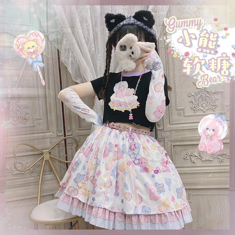 Lovely Bear Sweet Soft Girl Cake Skirt Lolita High Waist Cartoon Fashion Kawaii Girl Lace Bowknot Cosplay