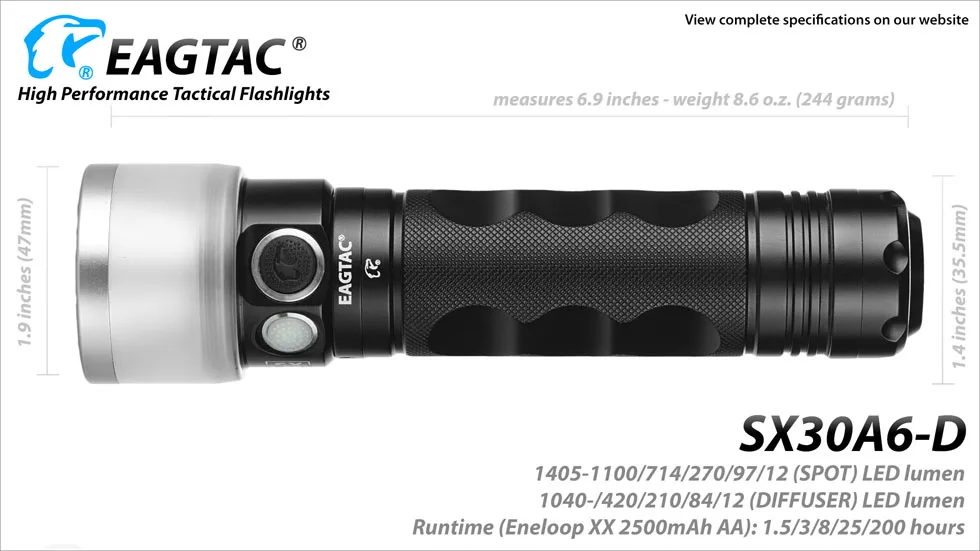 EAGTAC SX30A6-D точечный диффузор светодиодный фонарик 2445 люмен 6 AA батарея 200 часов работы двойной переключатель запатентованный дизайн