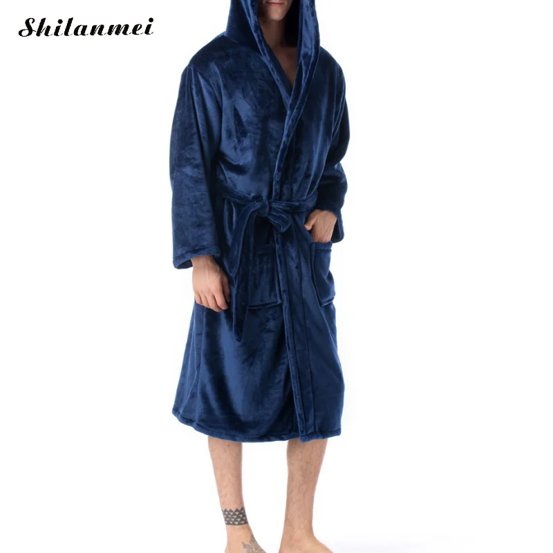 navy blue Фланелевый Халат, отложной воротник, повседневные мужские халаты, длинный рукав, мужской халат, плюшевое кимоно, теплый модный мужской халат, пальто серого и коричневого цвета - Цвет: navy blue