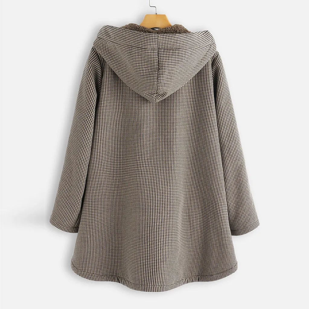 Womail куртка, пальто для женщин, винтажная Женская клетчатая куртка, пальто, зимняя теплая верхняя одежда с капюшоном и карманами, пальто размера плюс 917