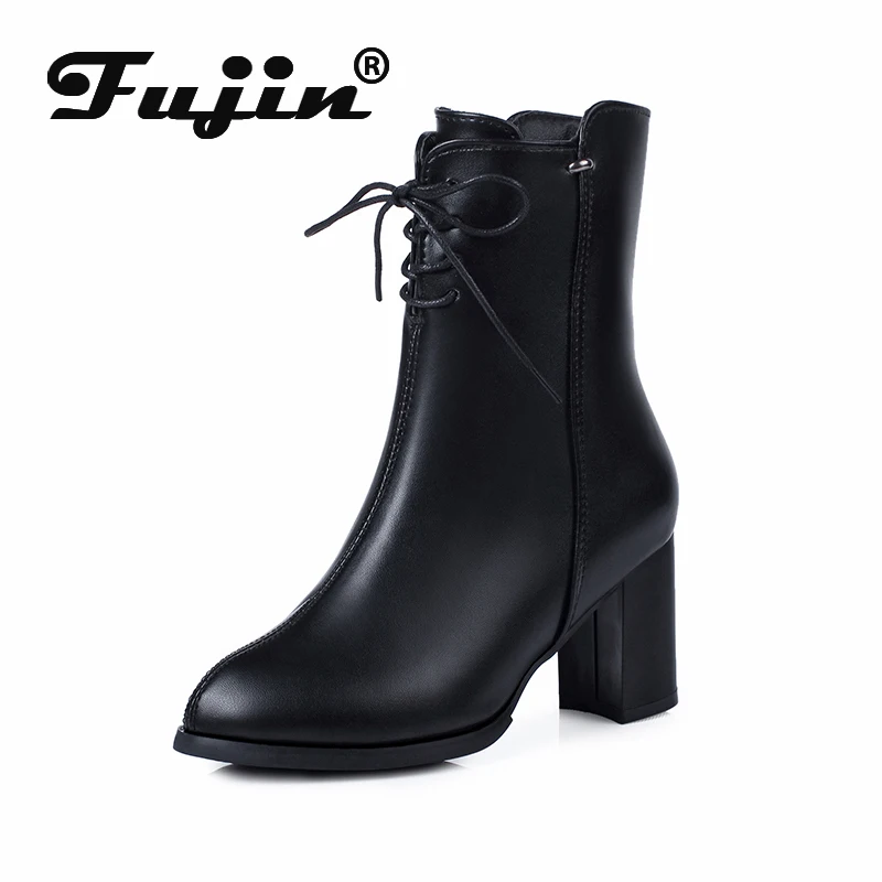 

Fujin Women Mid Calf Boots Dropshipping Lace Up Ankel Strap High Heel Boot Warm Fur Shoes for Autumn Winter Botas Women Footwear