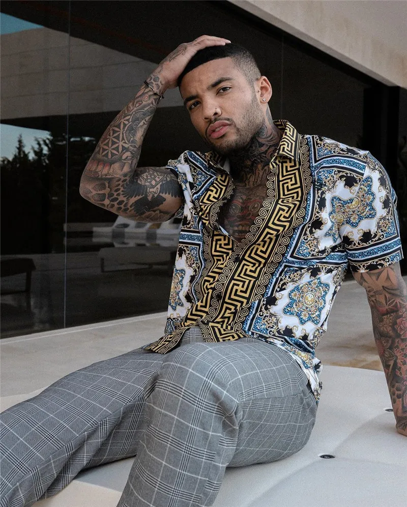 Fashion Nation Style Summer Man's Shirt 3D Printing Stand Collar Single-Breasted Short Sleeve Loose Hawaiian Henley Casual Shirt