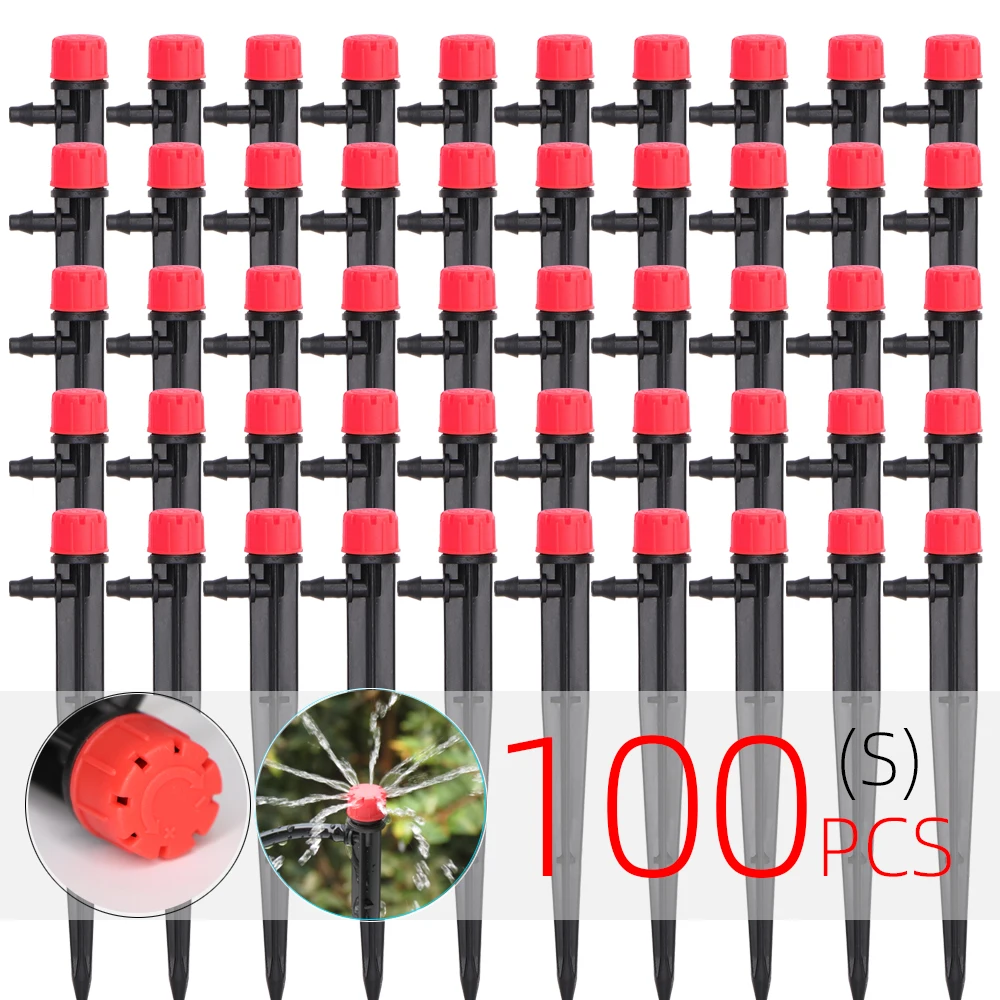 RBCFHI 13CM Stake Emitters Drip Kit System 1/4'' Hose Adjustable Nozzles Kit 4-Way Micro Watering Flow Gardens Flowers Vegetable