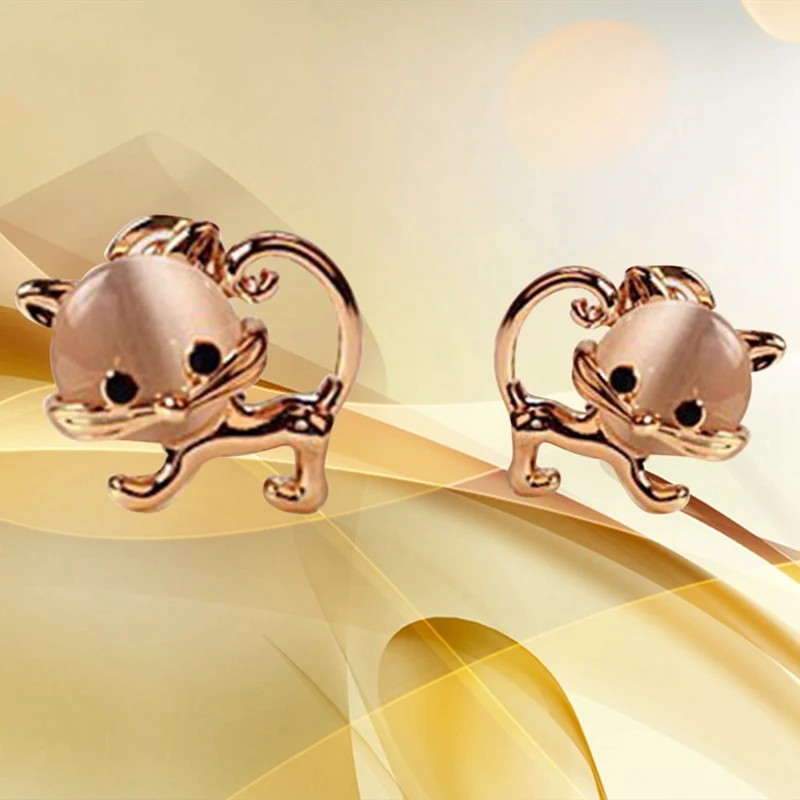 Милый котенок Опал серьги каваи двойной Кот гвоздики для женщин девочек Золотой Кристалл пирсинг ушей Pendientes ювелирные изделия Рождественский подарок