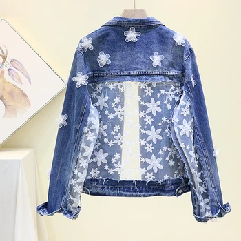 

Summer Autumn 3D flower embroidered Mesh Stitched Frayed Washed Blue Denim jacket Plus size Women Fashion Kurtka jeansowa damska