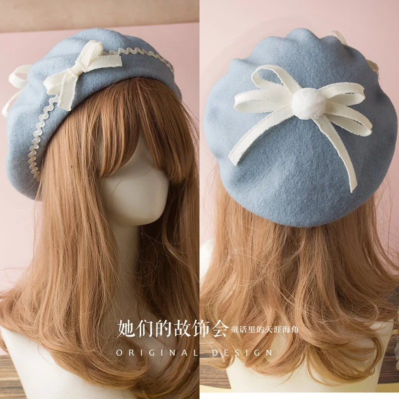 Light blue and gray Японский ручной работы волос лук волна узор мяч берет шляпа бутон вручную жареная мягкая сестра - Цвет: Light blue and gray