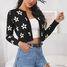 

2021 Knit Sweater Ladies Autumn and Winter Round Neck Long-sleeved Flower Embroidery Knitted Sweater Button Cardigan Short Coat
