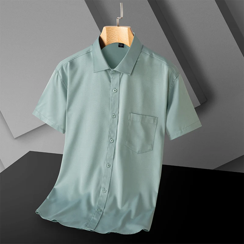 Men Summer Short Sleeve Shirt Stretch Striped Dress Shirts Slim Fit Formal Business Wrinkle Resistant Thin Cool Casual Shirts 2