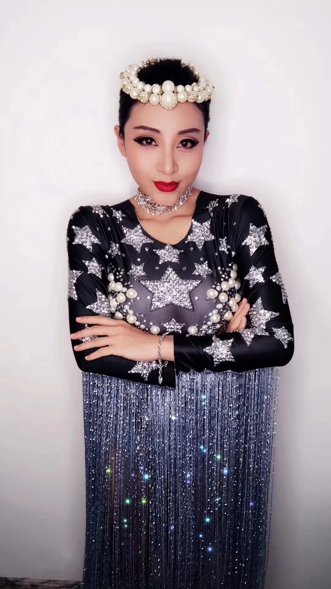 Star pattern Female Costume Crystals Fringe Sleeve Bodysuit Singer Dancer Nightclub Stage Party Bar Performance Tassel Bodysuit girl dance costume