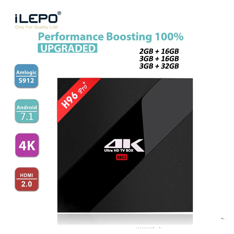 iLEPO H96 Pro Plus Android 7.1 Smart TV Box Amlogic S912 2G/16 3G/16G G3G/32G 4K H.265 Support 2.4+5.8GHz WiFi BT4.1 1000M LAN