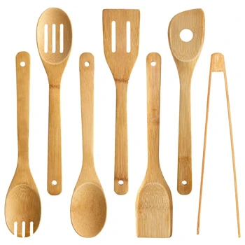 

7 Pieces Bamboo Utensil Set, Turner Spatula Single Hole Mixing Spoon Slotted Spoon Slotted Spatula Bamboo Cooking Spoon