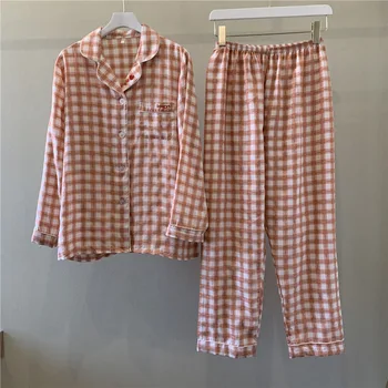 

Women Cotton Pajamas Sets with Pants Long Sleeve Turn-down Collar with Pocket Pyjama Button Top+Pants Pijama