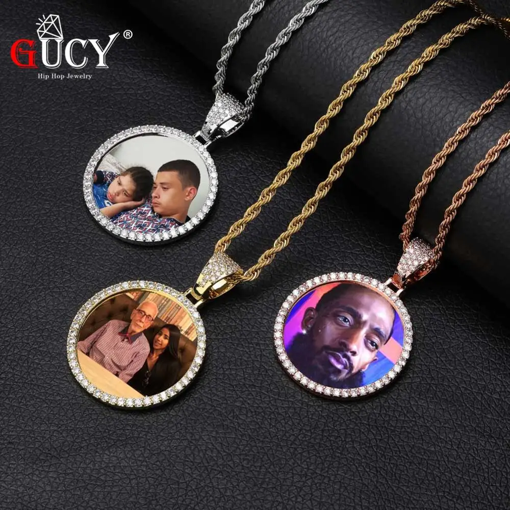 Skup GUCY Fashion Custom Made zdjęcie okrągłość solidny tył wisiorek i naszyjnik z łańcuszkiem tenisowym Cubic cyrkon męski hip hop biżuteria