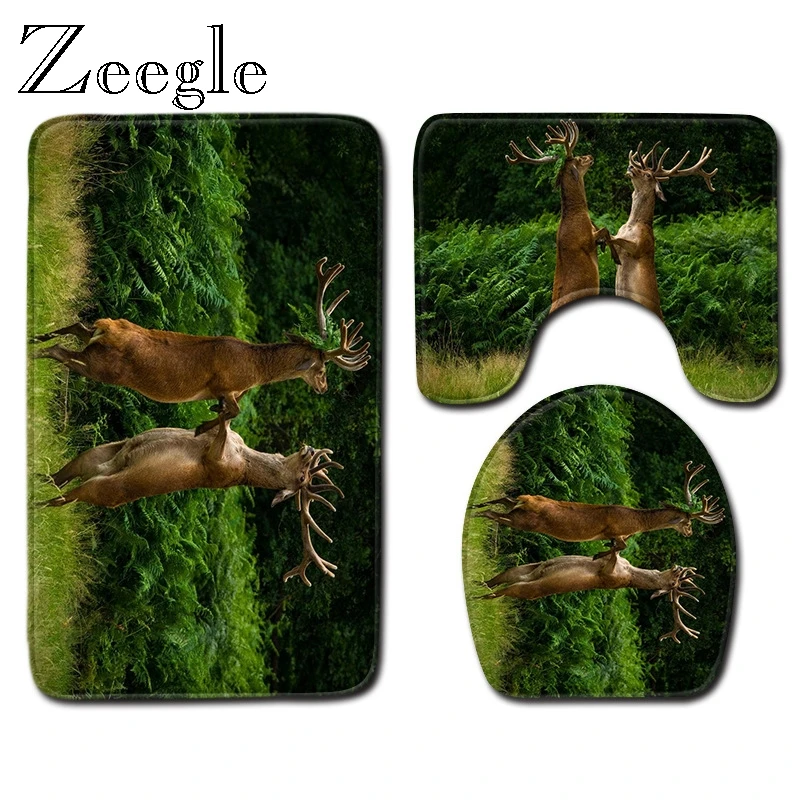 Zeegle Animal Bath Mat Set Bathroom Doormat Toilet Pedestal Rug Foot Mat Flannel Soft Toilet Seat Cove Washable Bath Toilet Set