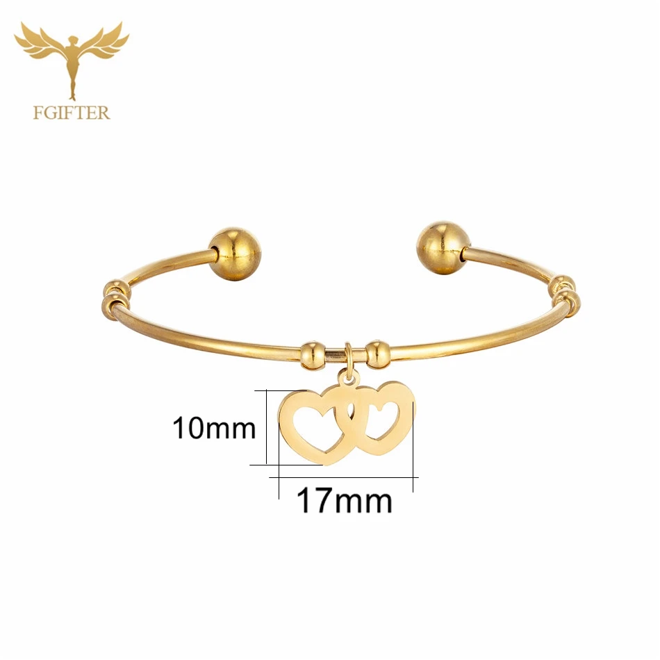 Women Jewelry 2 Hearts Charms Bangle Gold Color Stainless Steel Cuff Bracelets Couple Wife Girlfriend Valentine's Day Present