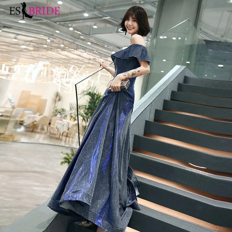 

Sparkle Blue Evening Dresses Long ES1960-1 A Line Girl's Wedding Party Gowns Robe De Soiree Graduation Special Occasion Dress