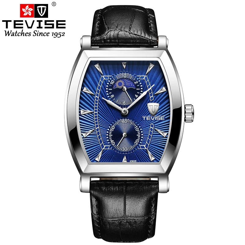 TEVISE 8383S мужские часы Moon Phase настоящие водонепроницаемые кварцевые часы с кожаным ремешком Мужские повседневные наручные часы Relogio Masculino - Цвет: silver blue
