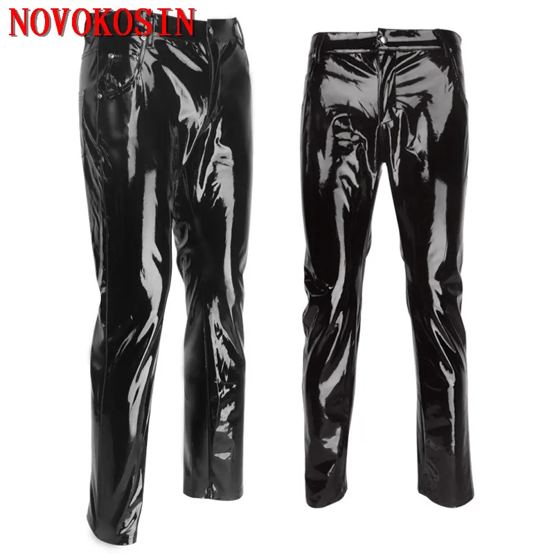 

S-2XL Plus Size Sexy Shinny Faux Leather Long Pants Wetlook PU Low Waist Punk Night Club DS Performance Trousers Men Lingerie