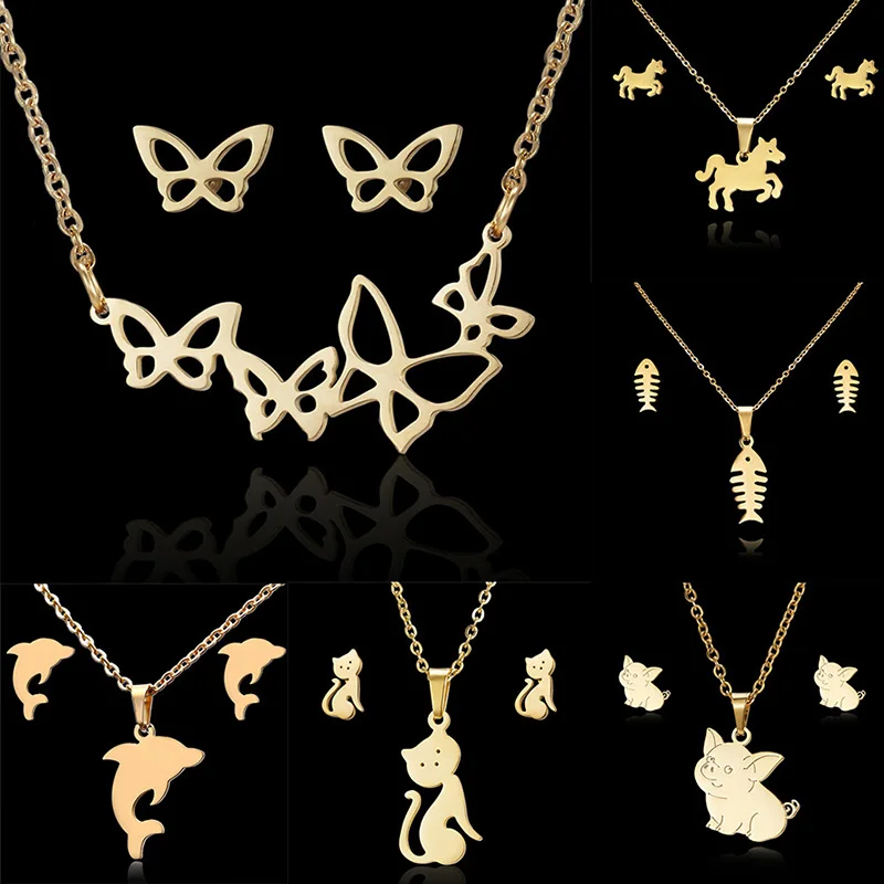 Animal Butterfly Stainless Steel Pendant Necklace Sets For Women Cat Fish Bone Chain Necklace Earrings Jewelry Gifts