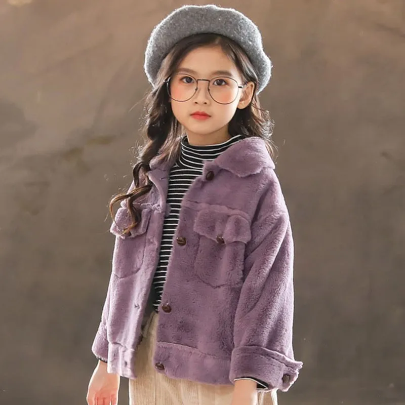 purple girl coats School Faux Fur Baby Coat Autumn Winter Pockets Single Breasted Teenage Jacket Coat Girl Pink Purple White Khaki Tops Children - Цвет: purple girl coats