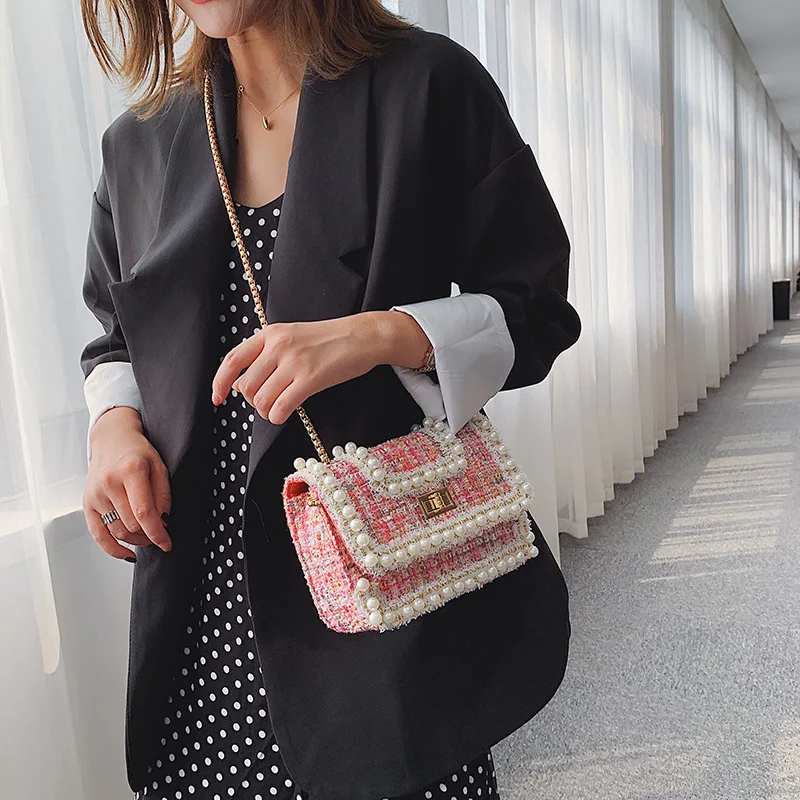 

2019 Autumn And Winter New Style Woolen Cloth WOMEN'S Bag Fragrant Contrast Color Pearl Shoulder Bag Versatile Chain Lock Should