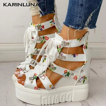 

KarinLuna 2020 New Fashion Women Sandals Height Increasing Peep Toe Zip Floral Platform Pump Summer Casual Gladiator Woman Shoes