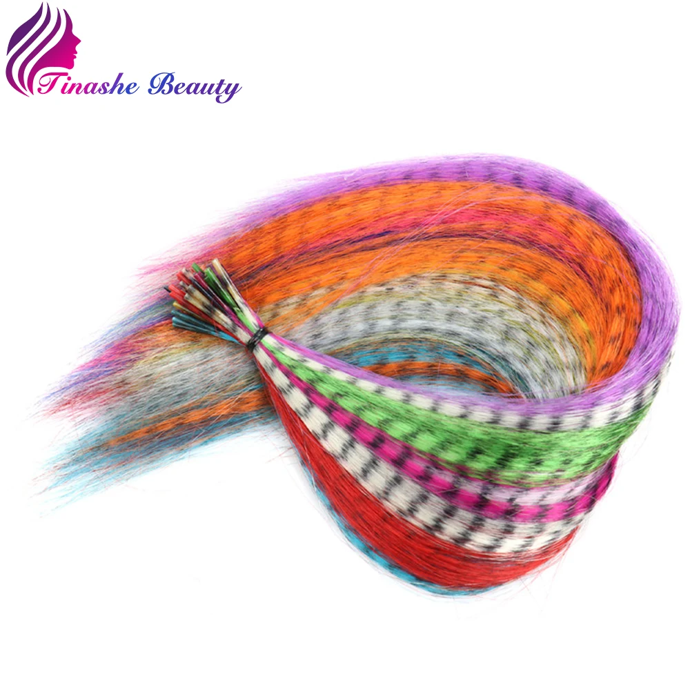 Colored False Strands Hair Extension Fake Feathers for Hair Extensions Coloring Rainbow Synthetic Hair Tress for Girls Party DIY images - 6