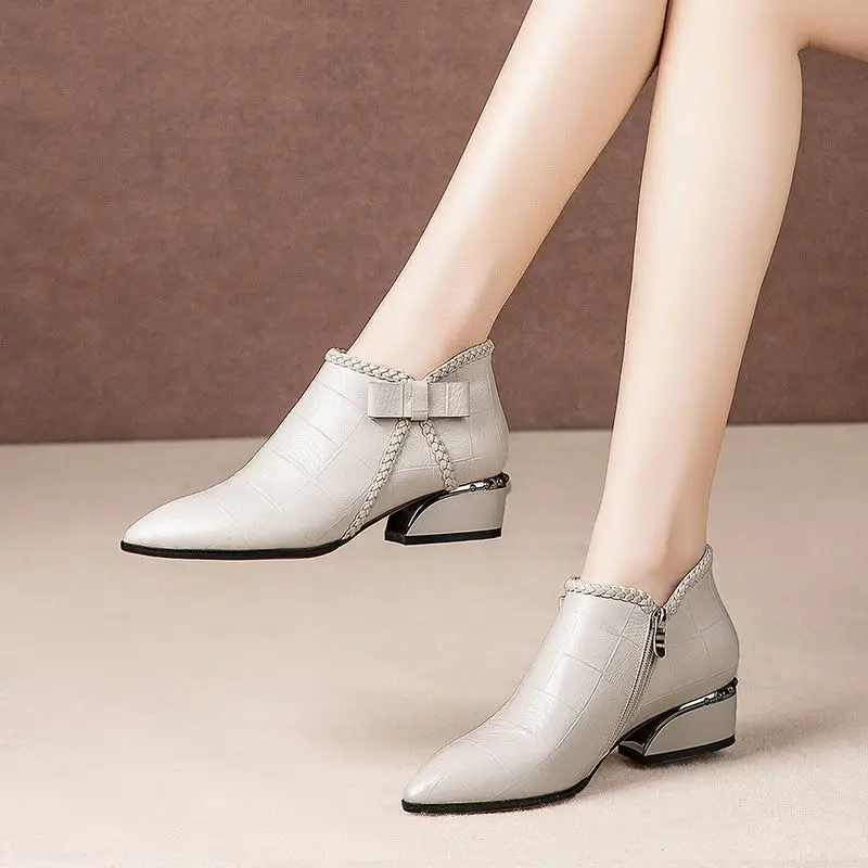 Women Pointed Toe Square Heel Boots Fashion Butterfly-knot Ankle Boots Zipper PU Leather Rubber