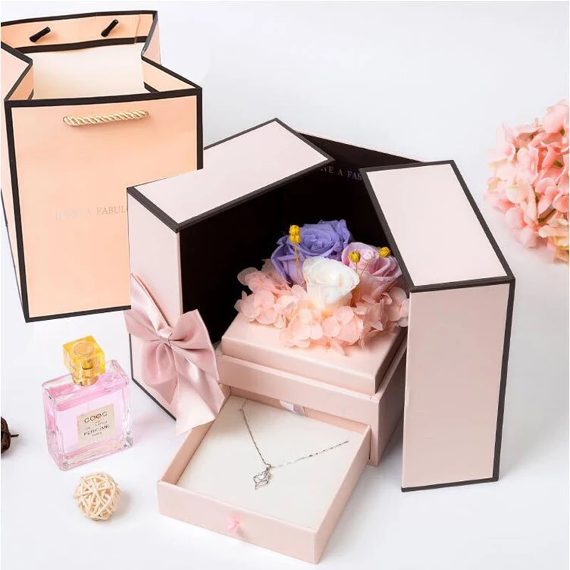 Valentine's Day Gifts Artificial Flowers Teddy Bear Rose Two Door Gifts Box Girlfriend Birthday Women Anniversary Wedding gifts - Color: Flower PPP