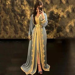 Moroccan Kaftan Caftan Muslim Evening Dresses A-line V-neck Long Sleeves Chiffon Applique Dubai Arabic Turkey Abaya Islamic Gown