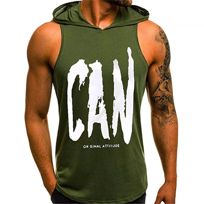 Зеленый Fashion Men's Gym Clothing Bodybuilding Stringer Hoodie Tank Top Muscle Hooded Men Letter Hoody Sleeveless Clothes - Цвет: Зеленый