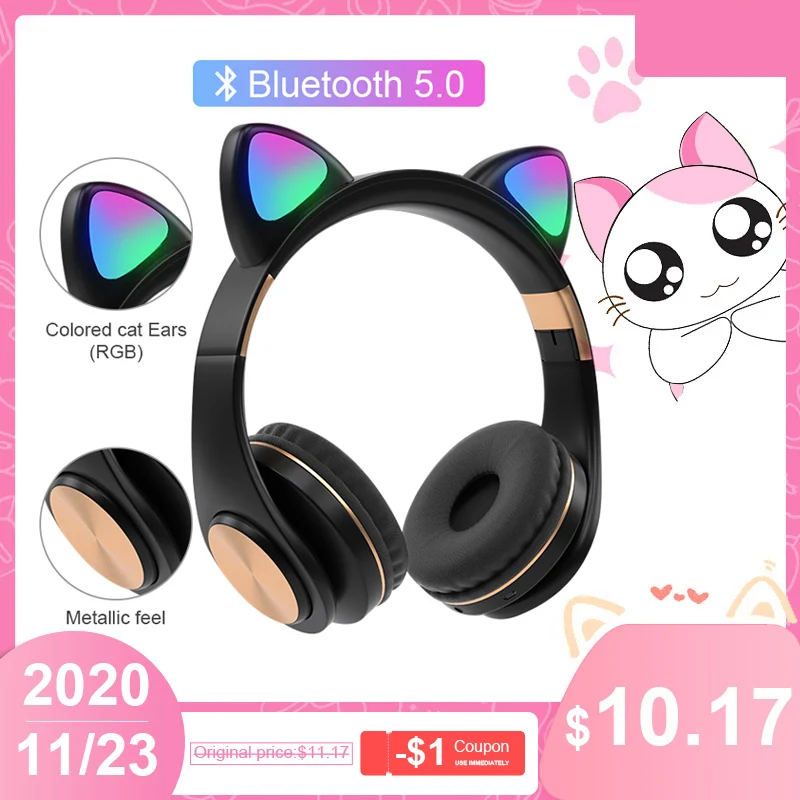 RGB flash light cute cat ear wireless headphones noise reduction headset Bluetooth childrens headset with microphone for phone