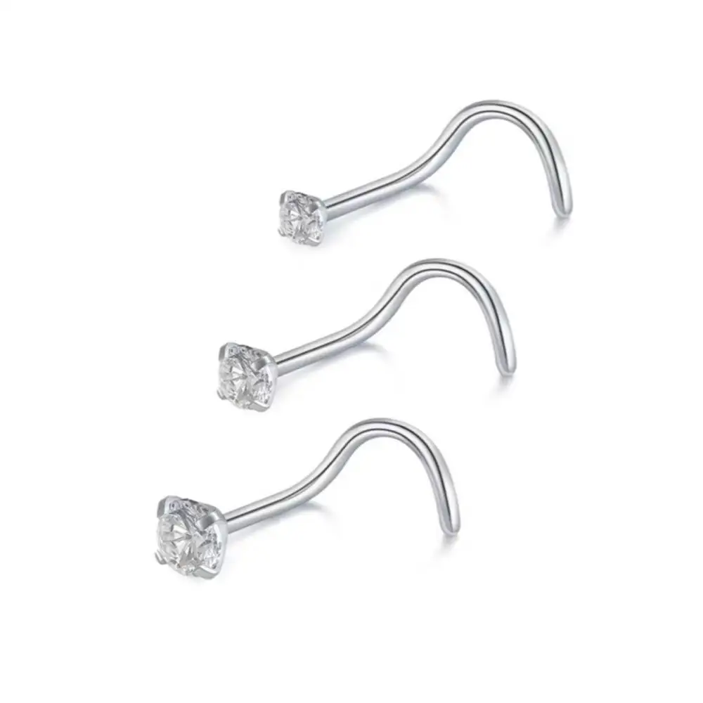 

1pair 1.5/2/2.5/3mm Nose Stud Piercing Real 925 Sterling Silver Ring L Shape Aaa+ Cz Crystal Punk Body Jewelry Party Gifts