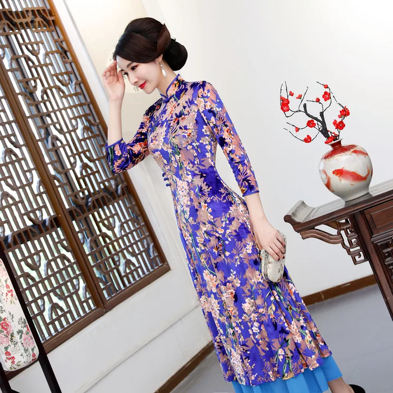 New Arrival Chinese Women's Elegant Catwalk Qipao Printed Lady Qipao Aodai Dress Cheongsam Sexy Dress Clothing Plus Size XXXL