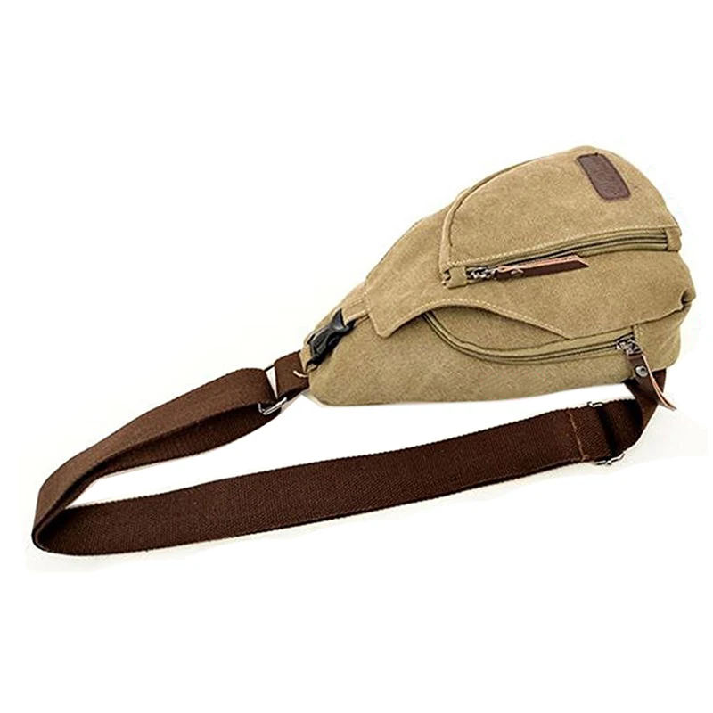 ABZC-Canvas Men Shoulder Bag Breast Pocket Crossbody Sports Bag, Khaki
