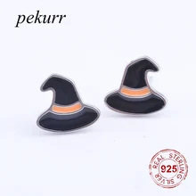 Pekurr Волшебная Черная кепка из стерлингового серебра 925 пробы, серьги-гвоздики на Хэллоуин для женщин, аксессуары, мода