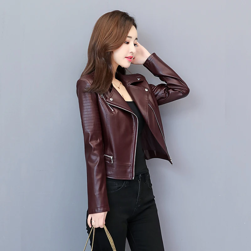 Wine Red Plus Cotton Осенне-зимнее женское мотоциклетное пальто, модная тонкая короткая куртка из искусственной кожи, женская верхняя одежда, Черная байкерская куртка размера плюс 4XL - Цвет: Wine Red Plus Cotton