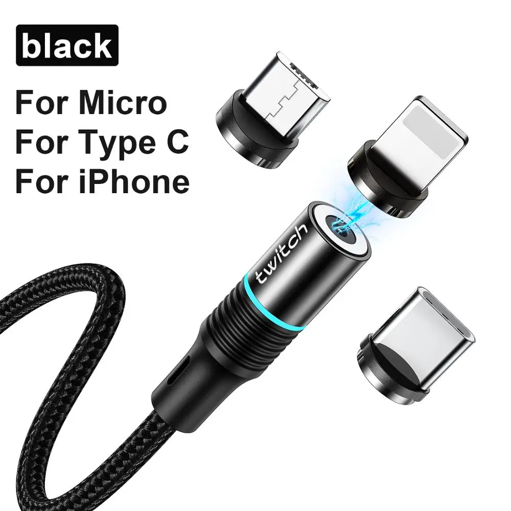 Магнитный Micro USB кабель Twitch 2 м для iPhone, samsung, Android, мобильного телефона, быстрая зарядка, кабель usb type-C, Магнитный зарядный провод - Цвет: Black 3 in 1 cable